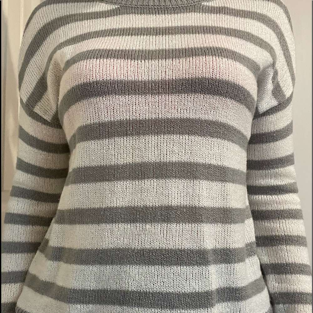 white and grey striped sweater
